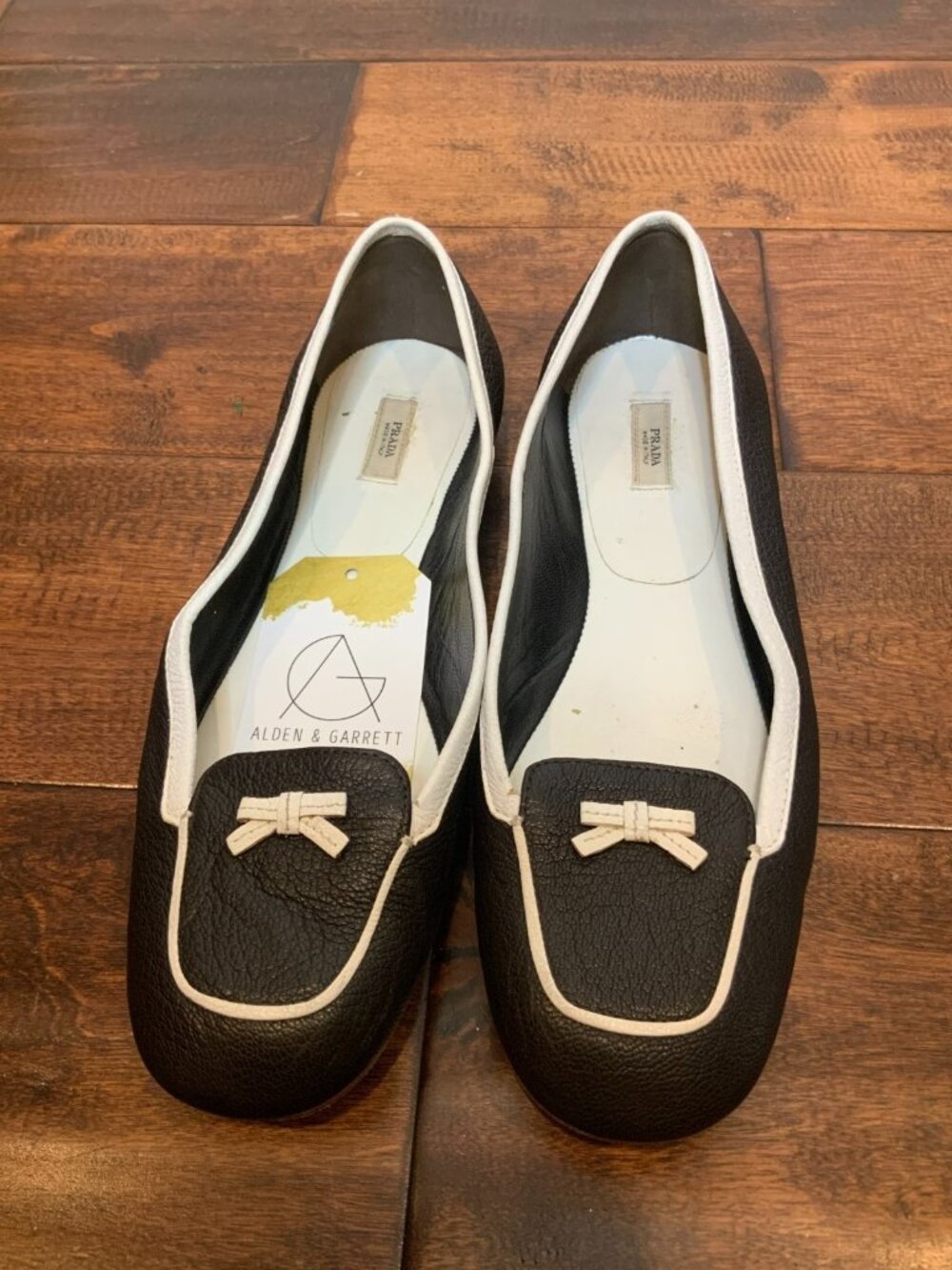 Prada Dark Blue Leather White Piping Bow Square Toe Flats, Size 8 | 38